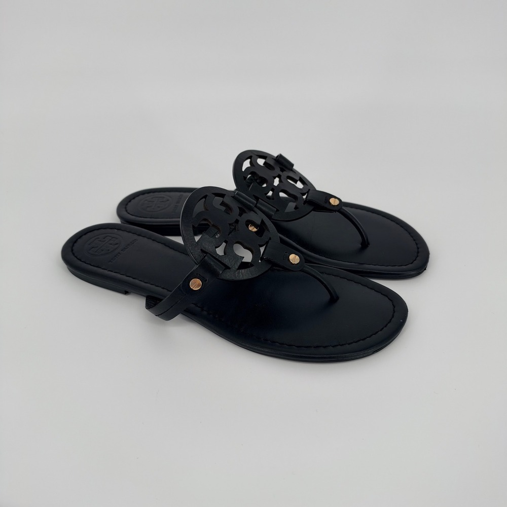Tory Burch Miller Sandals Women 10 Black Leather Logo Thong Flat Summer Chic